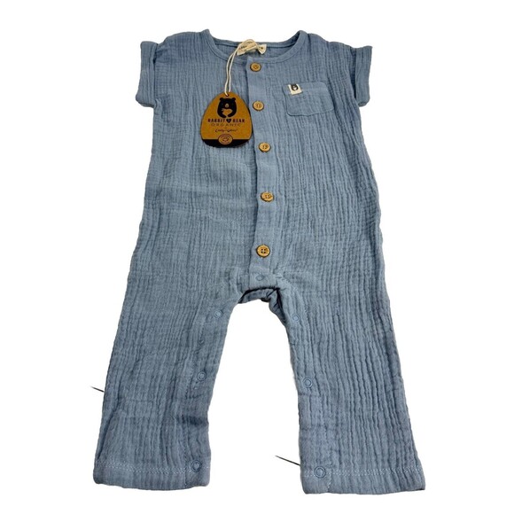 Rabbit+Bear Organic Cotton Infant 6-9 mo Outfit Hat One Piece Gauze Blue Short - Picture 1 of 5